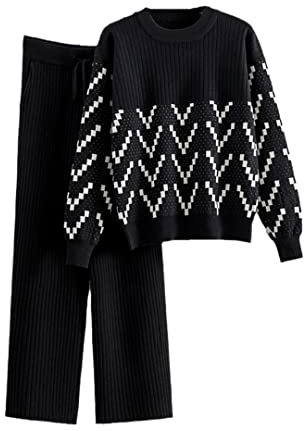 Damen Pullover Zweiteilig Stricksets Jacquard Trainingsanzug Pullover Rundhalsausschnitt Top Weite Bein Hose Schwarz 1998 Einheitsgröße
