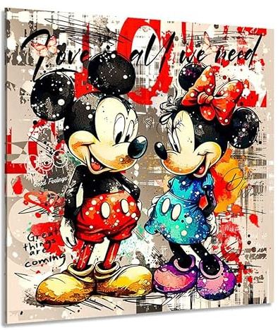 Kunstgestalten24 Leinwandbild Micky und Minnie Love is all you need Wandbild Retro Leinwand Wanddeko XXL Wandekoration Deko Bilder Hochwertiger Kunstdruck | 40x40x2cm