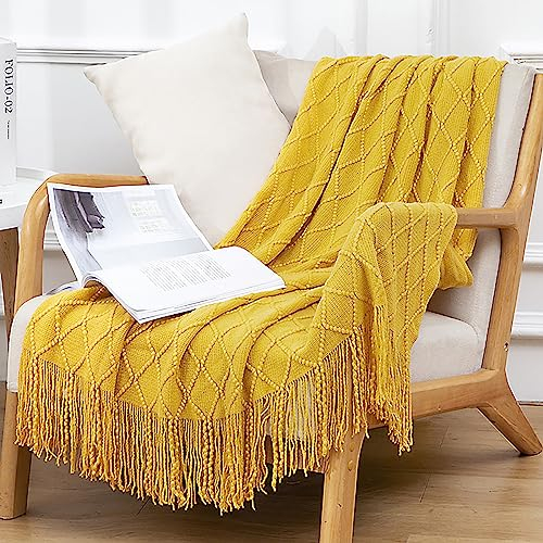Menkala Kuscheldecke Boho Gelb Decke Wohndecke Gestrickt Sofadecke Tagesdecke Picknickdecke Leichte Sommerdecke Sofa Überwurfdecke Couchdecke Strickdecke mit Fransen Decken 127x180 cm