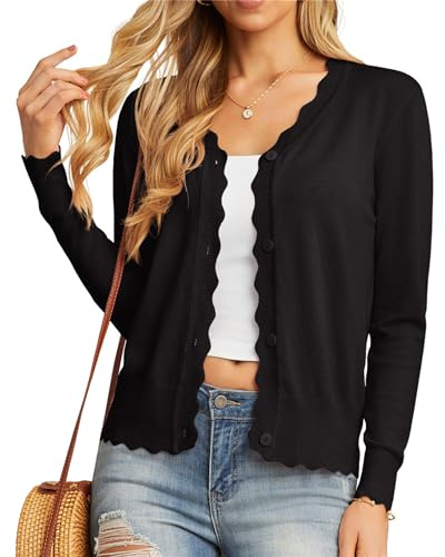 GRECERELLE Cardigan Femme avec Boutons et Encolure en V Cardigan Femme Léger et Estival Elégant avec Dentelle (Noir, S)
