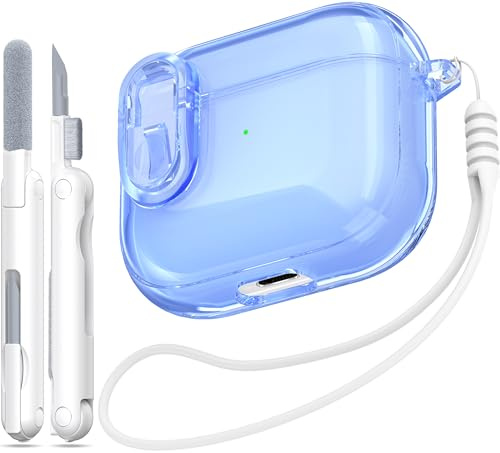 Custodia MHYALUDO per Airpods di terza generazione con chiusura sicura, compatibile con Airpods di terza gen 2022, custodia morbida trasparente antiurto con penna per pulizia con cordino,Blu