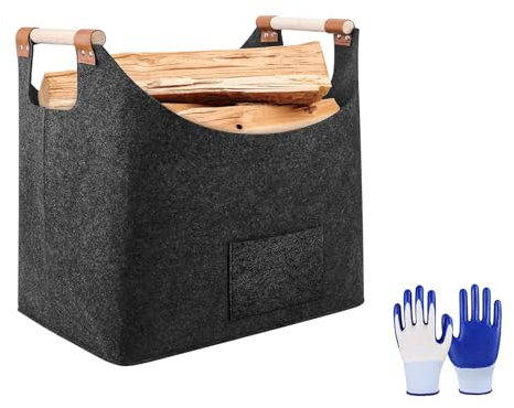 BraDoc Felt Firewood Basket, Firewood Bag with Wooden Handles, Felt Log Baskets for Fireplaces with a pair of Gloves. Felt Basket for Wood, Newspapers, Magazines and Toys (Dark gray, 45 * 32 * 40)