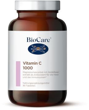 BioCare Vitamin C 1000mg, 90 Tabletten | Magnesiumascorbat & Heidelbeere, Immunsystem Stärken, Kollagenbildung für normale Haut