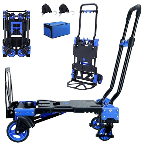 2-1 Folding Hand Truck Dolly,330LBS Capacity Dolly Cart,Foldable Dolly Hand Truck with Retractable Handle and 4 Rubber Wheels,Hand Cart Foldable for Luggage/Travel/Office/Moving