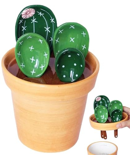 Cactus Measuring Spoons and Cups Set - 4 Pcs Cactus Measuring Spoons Set in Pot Organizer, Cute Kitchen Measuring Spoons with Base, Ceramic Kitchen Measuring Cups and Spoons for Baking Salt Sugar