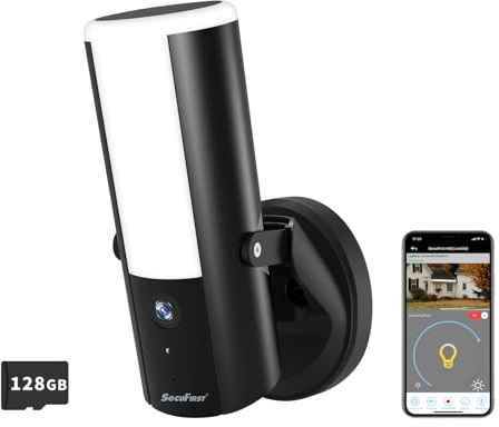 SecuFirst WLAN Flutlichtkamera,Überwachungskamera mit Außenleuchte,2K QHD Outdoor Kamera Überwachung-Aussenlampe mit Bewegungsmelder,Sirene.Dimmbare Helligkeit (900lm),128GB Speicher