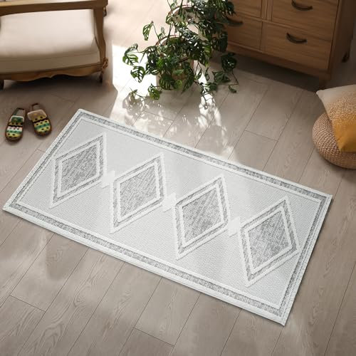 payé Teppich Läufer - 80x150cm - Beige - Boho-Style mit Fransen - Modern Raute Optik - Flachflor Wohnteppich Schlafzimmer Deko