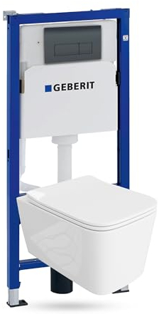 Lavita Duofix Basic Vorwandelement + Wand Tiefspül WC Murya Weiß Spülrandlos + WC Sitz + Bedienplatte Delta 25 Schwarzer Knopf Komplettset Unterputz Spülkasten Toilette Komplett Sett WC