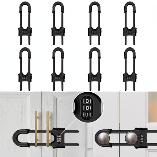 Återanvändbara skåplås 8-pack, barnsäkerhet glidskåplås, U-formad justerbar 3-siffrig lösenordskombinationslås för köksskåp och skåp, installera utan borrning eller lim (svart)