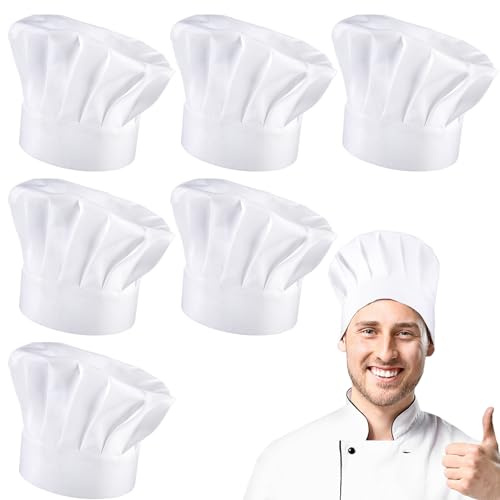 taonganui 6 Stück Kochmütze Herren Weiß Unisex Chef Kochmützen, Erwachsene | Koch Mütze Hut Verstellbar Professionel Küchenuniform für Herren Frauen Restaurant Kochen BBQ Backen