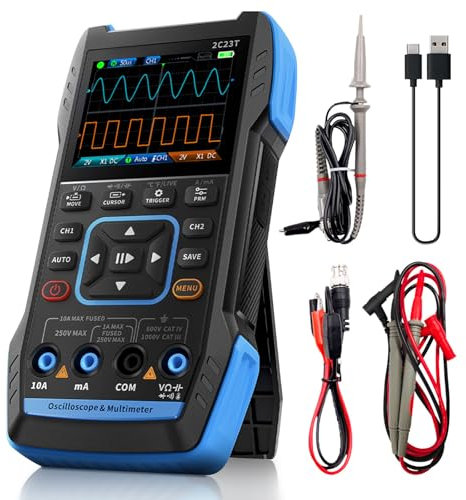 2C23T 3 in 1 Oscilloscope Multimeter 2 Channels, Handheld Portable Signal Generator Oscilloscope with 10MHz Bandwidth, 50MSa/s Sampling Rate, TRMS 9999 Counts, 32KB Storage