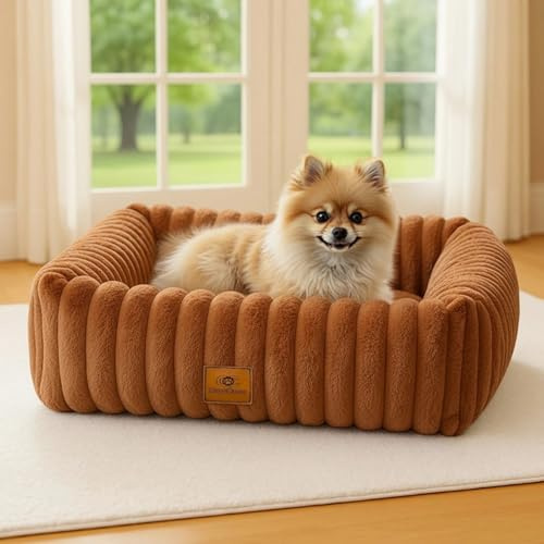 CareCooo Flauschiges Hundebett Mittlere Hunde, Waschbar Abnehmbar, Rechteckig, rutschfest & Komfortabel, Hundekörbchen, Hundekissen, Hundesofa für Mittelgroße Rassen, Braun, M(63x53x18cm)