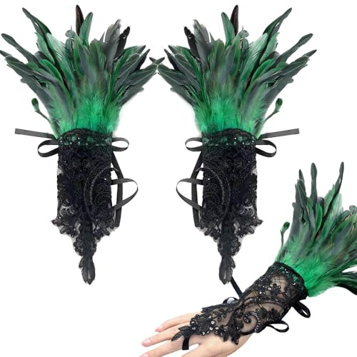 YumSur Damen Schwarz Feder Spitze Fingerlose Handschuhe 20er Jahre mit Federn für Karneval, Hochzeit Halloween Fasching Cosplay Party