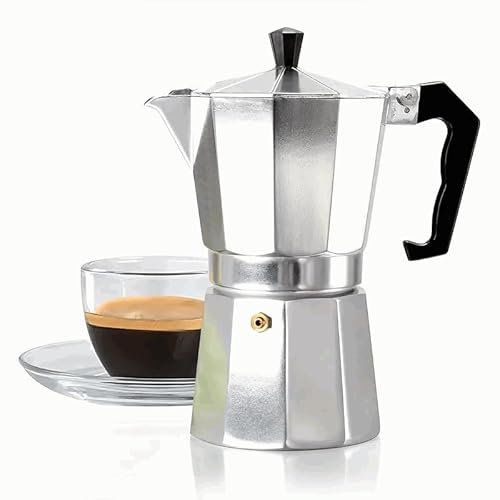 CHEFZOCO Cafetera Moka manual de aluminio, Cafetera italiana de aluminio, Macchinetta, Cafetera Express, Válvula de Seguridad, Apta para Gas y Eléctrica, 19 cm altura, Capacidad 9 tazas