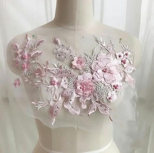 1 Stück 33 x 28 cm Stickerei 3D-Spitzenapplikation Blume Rosa Perlen Spitzenkragen Ausschnitt für Nähzubehör Basteldekor für Kleidung-Rosa