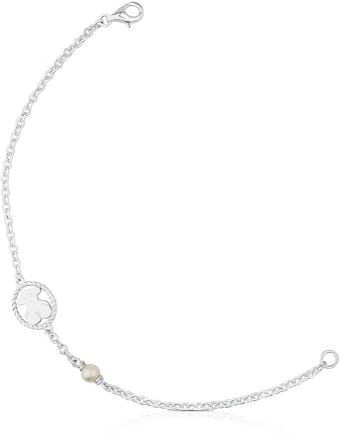 TOUS Pulsera de Plata de Primera Ley para Mujer con Perla y Motivo de Oso, 17,5 cm de Largo, Atemporal y Clásica, Colección Camee