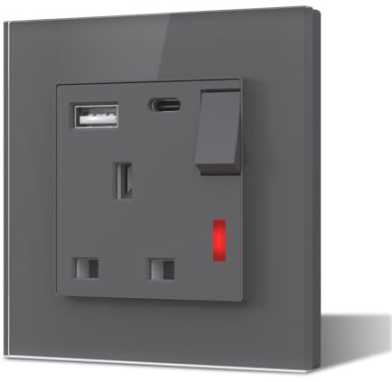 BSEED Single Socket With USB C,UK Standard 2 Pole Electric Power Sockets,Glass Plug Wall Socket with LED Indicator,Main Port Control Switch,1 Gang,86mm Grey