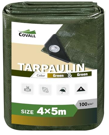 Covall Tarpaulin Waterproof Tarp Medium-Duty Groundsheet Sheet Cover 4x5m with eyelets 100g/m² Green Weatherproof Windproof UV-Resistant Tent Pool Roof Sandbox Boats Truck RV Car tarp