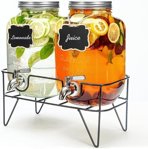 MallCreaty Dispenser per bevande in vetro da 4 litri con rubinetto, confezione da 2 dispenser per acqua con supporto, dispenser per bevande per tè freddo, bevande ghiacciate, dispenser Kombucha