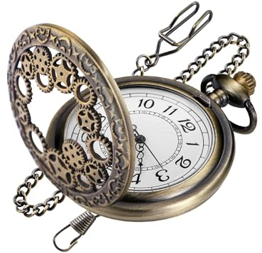 Realpoo Bronze Hollowed Gear Design Cover Quartz Pocket Watch, Roman Numerals Digital White Dial with Chain for Men