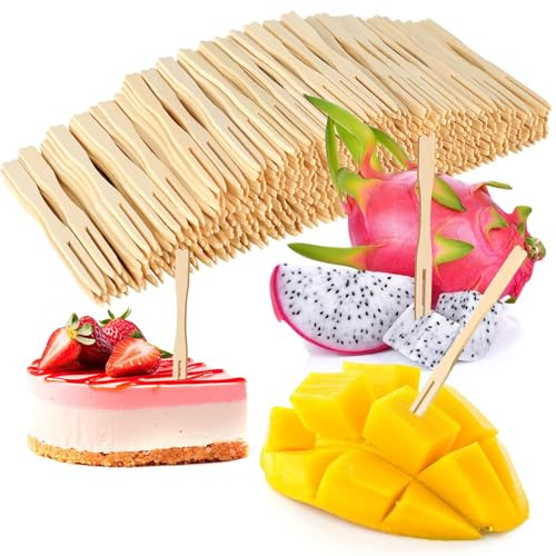 300 Stück Bambus Fingerfood Gabeln 8,9 cm, Mini Obstgabeln, Cocktailgabeln, Vorspeisengabeln, Holzgabeln für Party, Geburtstag, Picknick und Buffet