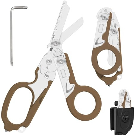 Trauma Schere Multitool Rettungsschere mit 6 Praktischen Funktionen Faltbare Scherenzange aus Edelstahl-Ideal für Professionellen Einsatz Im Rettungsdienst Oder Alltägliche Aufgaben, Braun