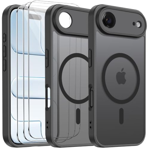 crisant Funda Magnética para iPhone Air con 3 Piezas Vidrio Templado Protector de Pantalla, Compatible con MagSafe, Fondo Mate Translúcido, Carcasa Anti-Amarillo y Antigolpes - Negro