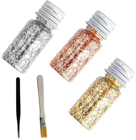 3 Stück Blatt Gold Flocken,Blattgold Zum Basteln,Goldfolie Papier,Dekoratives Dekorfolie,Blattgold Imitation Deko,Multifunktions Blattgoldblätter,Mit Clip Und Bürste,für Handwerk Nägel Küche Backen
