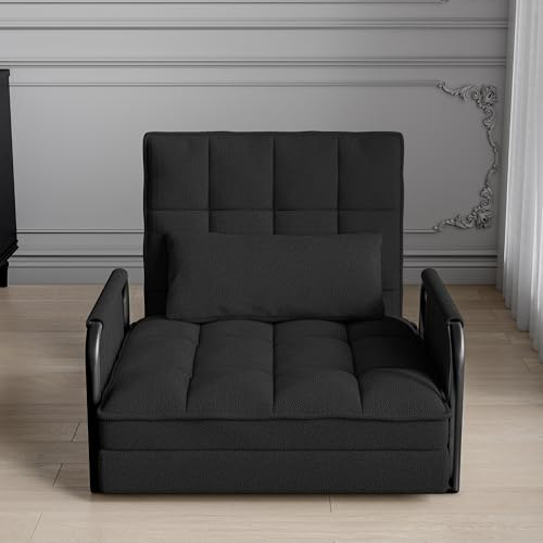 Teahutty Ausziehbarer Schlafsessel mit Bettfunktion, 5 stufig Verstellbarer Kissen Schlaferstuhl, Schlafcouch mit 2 Seitentasche, Sessel mit schlaffunktio Schlafsofa für Zuhause (schwarz, 82 x 180 cm)