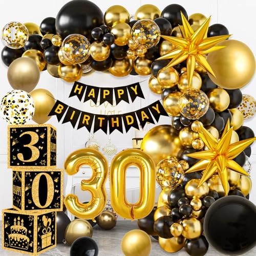 YEJIKJ Birthday Decorations Set, Black and Gold Party Decorations Birthday, Black Gold Balloons Party Supplies (30th Birthday Decorations Boxes)