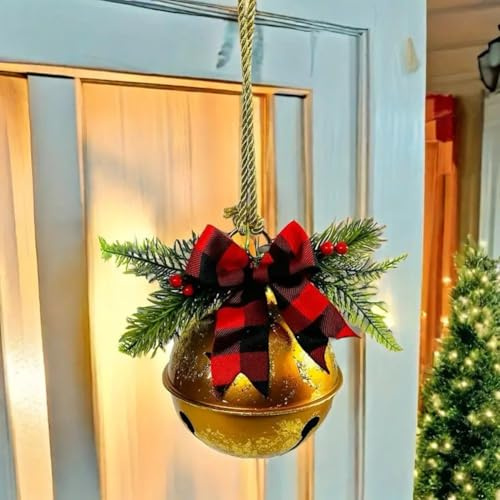 Set di campanellini natalizi di grandi dimensioni, 15 cm, con bacche di agrifoglio e fiocco a scacchi, per decorazioni natalizie per albero di Natale (oro)