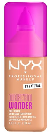 NYX Professional Makeup - Make 'Em Wonder - Fond de Teint - Tenue 24h - Pas d'effet plâtre - Acide Hyaluronique et extrait de Guarana - Formule Vegan - Teinte : Natural 12 - 30ml