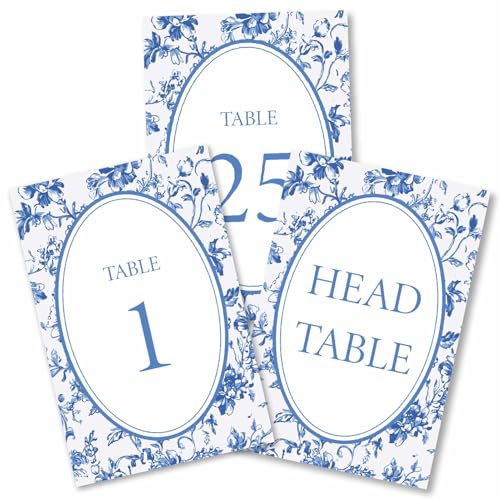 PRESSINART 26 Cartellini Numerati per Tavolo da Matrimonio 1-25 Numeri di Tavolo Blu con Design Floreale Chinoiserie Doppio Lato in Carta Segnaletica per Sedute per Ricevimento di Matrimonio