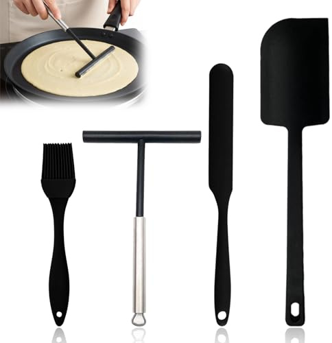 4-teiliges Crêpe Zubehör Set, Crepes Verteiler und Spatel Set, Professioneller Crêpe Wender und für gleichmäßige Verteilung, für Zuhause Küche Backen Kochen Backwerkzeuge