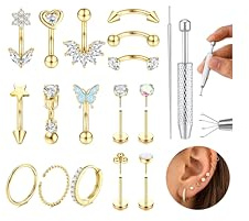 Adramata 16G Piercing Rook Acier Chirurgical Bijoux pour Piercing Arcade Piercings Labret Levre Barres au Sourcil Langue Piercings Helix Conch Cartilage Rook Daith Boucles d'Oreilles Femme Or Argent