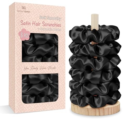 BONNET QUEEN Satin Scrunchies Haargummi Damen 6er Set mit Halter, Seiden Haargummi ohne Knick, Starker Halt gegen Haarbruch und Frizz, Weiche Haargummis für Schlafen, Alltag und Sport, Schwarz
