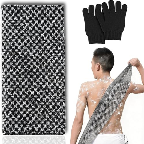 Exfoliating Bath Towel and Body Scrubbing Gloves, Black 3-Piece Set | Long Textured Back Scrubber, Five-Finger Design, Gathered Cuffs, for Washing Hard-To-Reach Areas in Bath or Shower