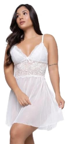 Hadara Lencería Sexy para Mujer Babydoll de Encaje Transparente, Camisón con Tirantes y Escote en V, Ropa de Dormir Rojo, Negro y Blanco (Blanco, L)
