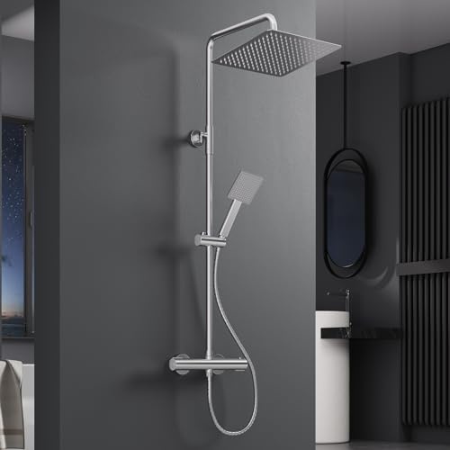 Square Rainfall Shower System - Thermostatic Bar Mixer with 12 Handheld, Adjustable Riser Rail Kit, Anti-Leak Hose, Tap — Wall Mounted Complete Set for Modern Bathroom, Chrome