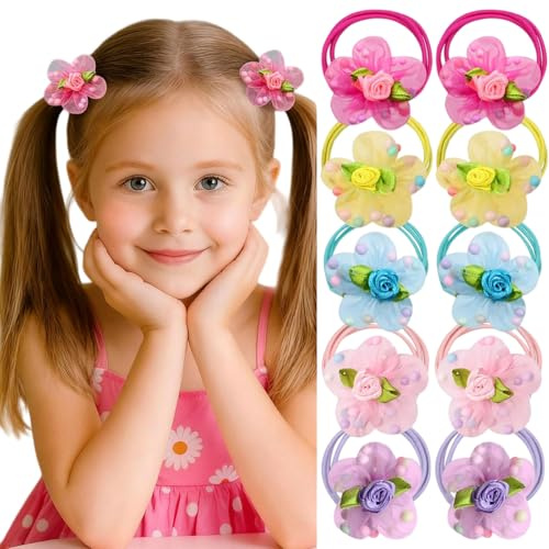 Glamoreal 10 PCS Toddler Hair Ties for Girls, Flower Baby Hair Tie Elastic Scrunchies No Damage Seamless Ponytail Holders for Toddler Girls (Pink, Purple, Rose red, Yellow, Blue)