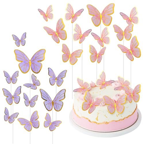 Oruola 44 Stück Schmetterlinge Torten Deko, Essbare Tortendeko Schmetterlinge, Rosa Cupcake Topper, Kuchen Deko Mädchen für Kuchen Aller Art