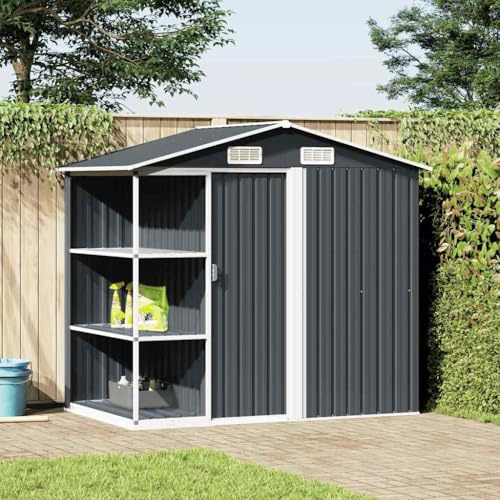 Runheo Casetta da giardino con scaffale, antracite, in ferro zincato, 205 x 130 x 183 cm, capiente capanno da giardino per attrezzi e bicicletta, resistente alle intemperie, chiudibile, salvaspazio