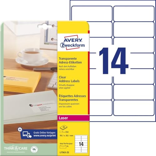 Avery L7563-25 - Clear Laser Labels 99x38mm L7563-25 (350 Labels)
