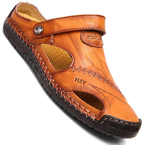 Sandales pour homme en cuir - Chaussures de plage - Sandales de randonnée - Chaussures d’extérieur - Chaussures d’été - Pantoufles - Tongs, marron clair, 43 EU