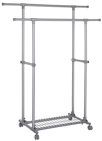 SONGMICS Kleiderständer auf Rollen, ausziehbarer Garderobenständer mit Doppelstange, Kleiderständer, bis 70 kg belastbar, (87-150) x 52 x 166 cm, für Kleider, Hemden, Anzüge, grau LLR13GY