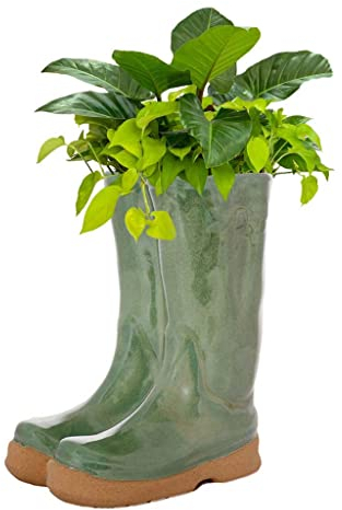 Dibor Large Green Ceramic Single Wellington Boot Shaped Plant Pot Winter Wedding Anniversary Christmas Gardening Gift (BR03)