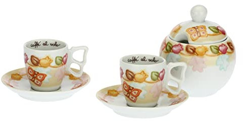 THUN - Set di 2 Tazzine da caffè con Zuccheriera - Linea Grace, Home Is Where Your Family Is - Cucina, caffè al Volo - Porcellana - Tazzina Ø 6,5 cm; 5,5 cm h; 110 ml; Piattino Ø 11,5 cm