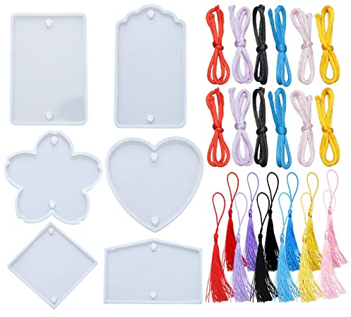 Allazone 6 Stück Schild Silikonform Gießform Resin Form mit Doppelt Loch, Schlüsselanhänger Resin Form und Quaste für Auto Anhänger Schmuck Schlüsselanhänger Machen