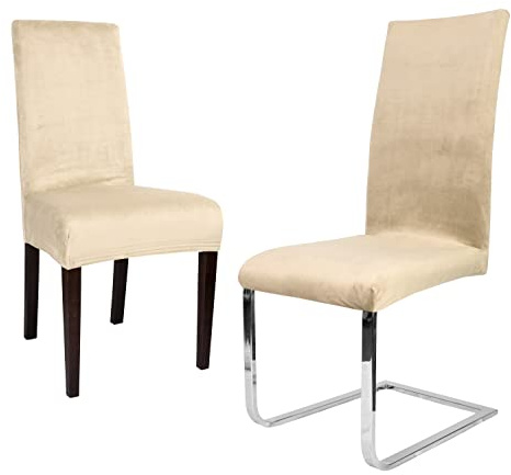 BEAUTEX Stuhlhussen Samt Stretch Stuhl & Schwingstuhl 2er Set Creme LEA | 95% Polyester, 5% Elasthan, weiche Velours-Oberfläche, Rundum-Gummizug, 30 °C waschbar, faltenarm, formstabil & langlebig