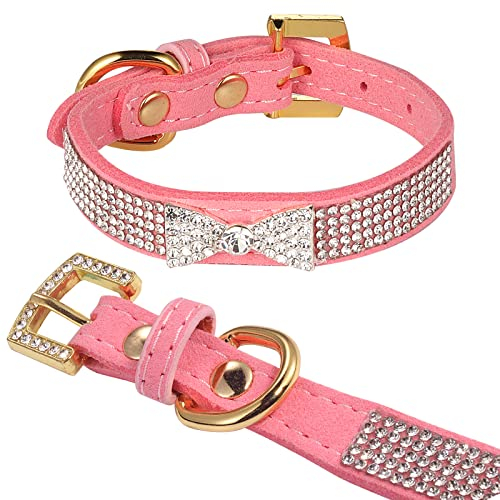 LOVPE Katzenhalsband, Hundehalsband, Diamantkristall, Schleife, goldene Strass-Schnalle und bequemes Samt-Leder mit 5 Reihen Bling Strass Halsband für kleine Hunde, mittelgroße Katzen (XS, Rosa)
